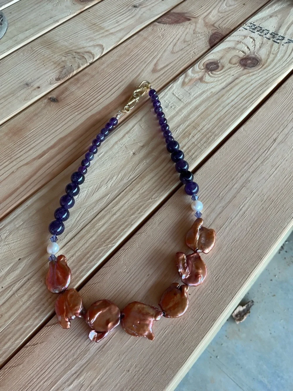 Handcrafted amethyst and Copper Pearl Statement Necklace. - Picture 4 of 5